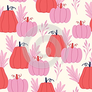 Cute pumpkins and plants seamless pattern.