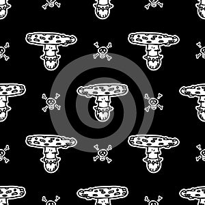 Cute punk fly agaric fungi monochrome lineart vector pattern. Grungy alternative home decor with cartoon poisonous
