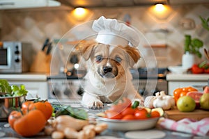 Cute pup in a chef hat, prepping vegetarian meal, kitchen counter, chefs POV, culinary adventure photo , Prime Lenses