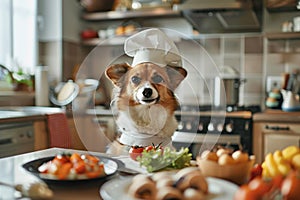 Cute pup in a chef hat, prepping vegetarian meal, kitchen counter, chefs POV, culinary adventure photo , Prime Lenses