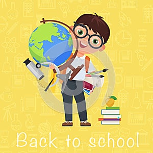 Cute pupil Boy. Back to School cartoon character with globe on yellow background woth icons. Vector