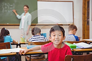 Cute pupil smiling at camera in classroom