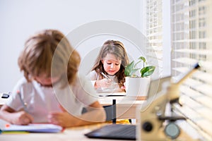 Cute pupil writing at desk in classroom at the elementary school. Student girl doing test in primary school. Children