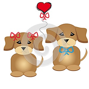 Cute puppies with bowl and heart on white background