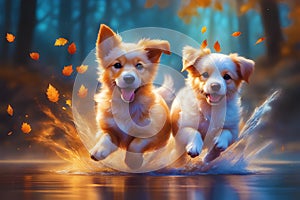 Cute puppies playing splash autumn explosion atmosphere generated by ai