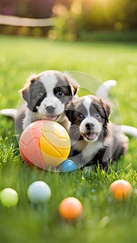 Cute puppies playing with toys and balls on a grassy lawn illustration Artificial Intelligence artwork generated