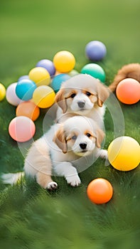 Cute puppies playing with toys and balls on a grassy lawn illustration Artificial Intelligence artwork generated