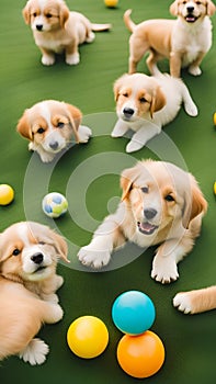 Cute puppies playing with toys and balls on a grassy lawn illustration Artificial Intelligence artwork generated