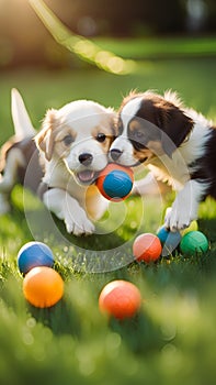 Cute puppies playing with toys and balls on a grassy lawn illustration Artificial Intelligence artwork generated