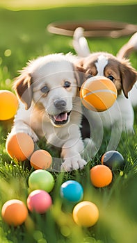 Cute puppies playing with toys and balls on a grassy lawn illustration Artificial Intelligence artwork generated