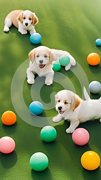 Cute puppies playing with toys and balls on a grassy lawn illustration Artificial Intelligence artwork generated