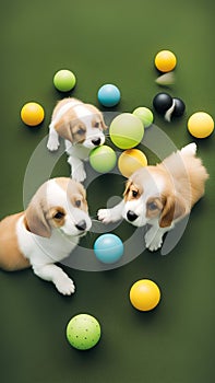 Cute puppies playing with toys and balls on a grassy lawn illustration Artificial Intelligence artwork generated