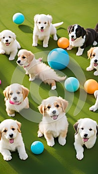 Cute puppies playing with toys and balls on a grassy lawn illustration Artificial Intelligence artwork generated