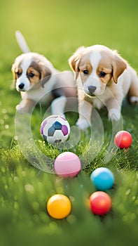 Cute puppies playing with toys and balls on a grassy lawn illustration Artificial Intelligence artwork generated