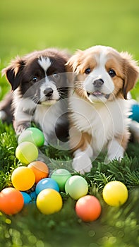 Cute puppies playing with toys and balls on a grassy lawn illustration Artificial Intelligence artwork generated