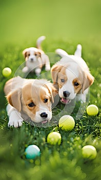 Cute puppies playing with toys and balls on a grassy lawn illustration Artificial Intelligence artwork generated