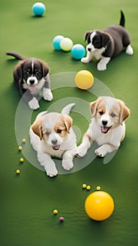Cute puppies playing with toys and balls on a grassy lawn illustration Artificial Intelligence artwork generated