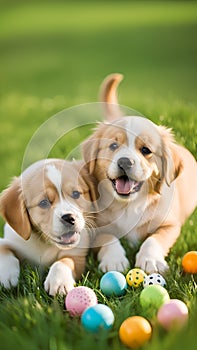 Cute puppies playing with toys and balls on a grassy lawn illustration Artificial Intelligence artwork generated