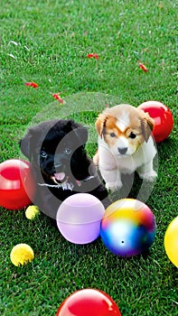 Cute puppies playing with toys and balls on a grassy lawn illustration Artificial Intelligence artwork generated