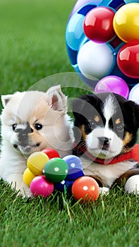 Cute puppies playing with toys and balls on a grassy lawn illustration Artificial Intelligence artwork generated