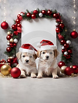 Cute puppies wearing Santa Claus red hat. Merry Christmas and Happy New Year decoration around. Generative AI