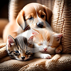 Cute puppy and adorable kitten sleeping together - ai generated image
