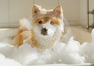 Cute puppy of Akita dog in bath with foam close-up, cute pet concept, realistic illustration, generative ai