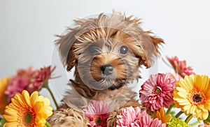 Cute puppy with bouquet of colorful flowers on white background. A playful, young pet in a springtime setting, isolated with copy