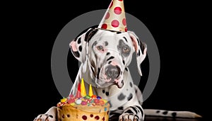 Cute puppy celebrates birthday with chocolate cake and party hat generated by AI
