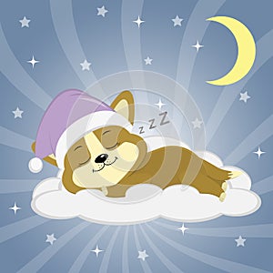 Cute puppy Corgi in a pink hat is sleeping on a cloud against the background of the night sky, moon and stars.