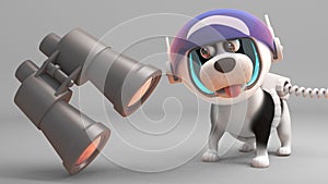 Cute puppy dig in spacesuit finds a pair of binoculars, 3d illustration