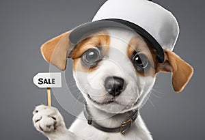 Cute puppy dog in a cap holds with paws on sign with text Sale, on white