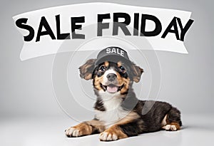 Cute puppy dog in a cap holds with paws on sign with text Sale, on white