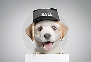 Cute puppy dog in a cap holds with paws sign for text on white background.