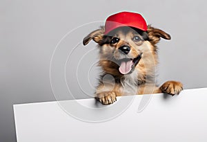 Cute puppy dog in a cap holds with paws sign for text on white background.