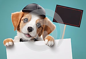Cute puppy dog in a cap holds with paws sign for text on white background.