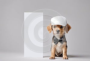 Cute puppy dog in a cap holds with paws sign for text on white background.