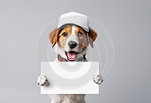 Cute puppy dog in a cap holds with paws sign for text on white background.