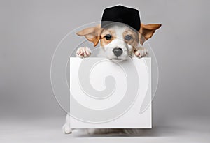 Cute puppy dog in a cap holds with paws sign for text on white background.