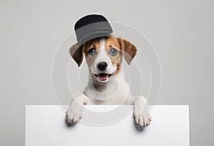 Cute puppy dog in a cap holds with paws sign for text on white background.