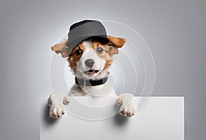 Cute puppy dog in a cap holds with paws sign for text on white background.