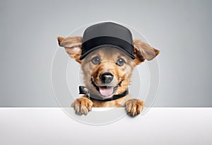 Cute puppy dog in a cap holds with paws sign for text on white background.