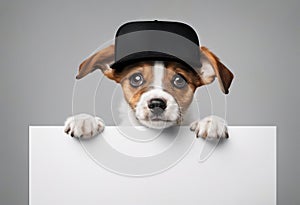 Cute puppy dog in a cap holds with paws sign for text on white background.