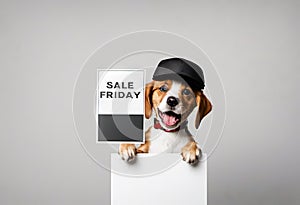 Cute puppy dog in a cap with sign with text black friday, on white background.