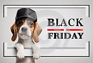 Cute puppy dog in a cap with sign with text black friday, on white background.