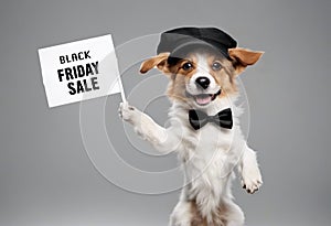 Cute puppy dog in a cap with sign with text black friday, on white background.