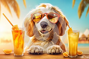 Cute puppy dog with a drink on the beach, summer concept. Generative AI