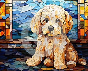 cute puppy dog has an effect on a stned glass mosc. photo
