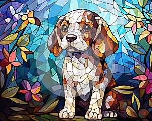 cute puppy dog has an effect on a stned glass mosc. photo