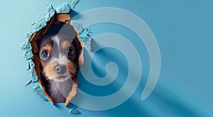 Cute puppy dog head peeking from hole in blue wall. Generative AI